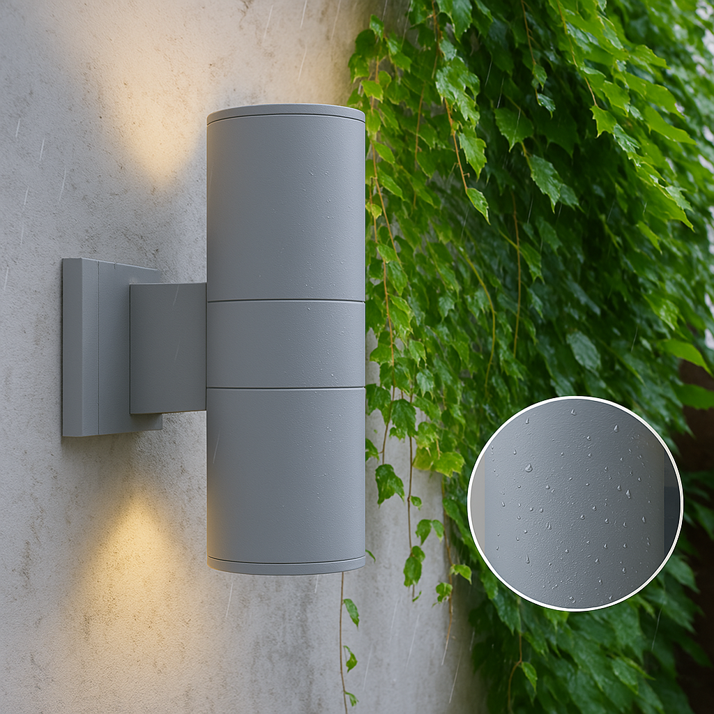 Grå cylinderformad vägglampa på en putsad vägg intill grönskande murgröna i regn, med närbild av dropparna på ytan. 5