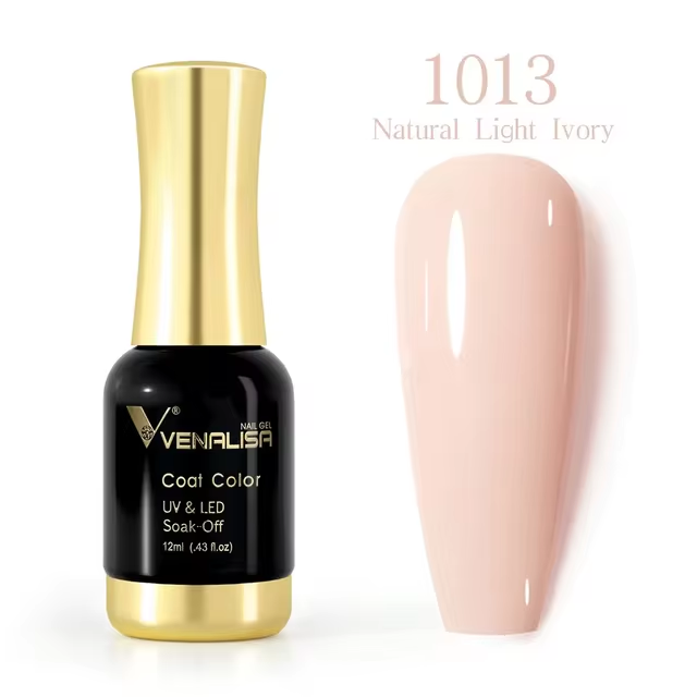 Venalisa Nagellack, UV LED, 12ml, Natural Light Ivory, Soak-Off, Flasche und Farbmuster.