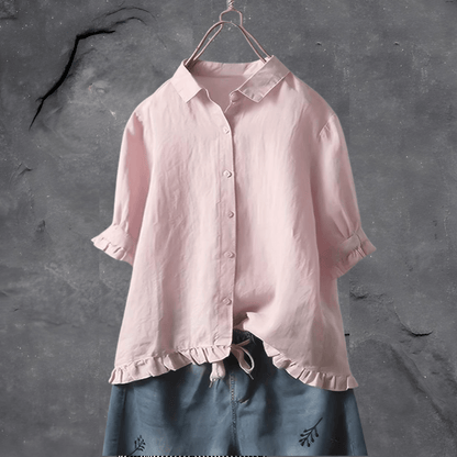 Rosa Damenbluse aus Baumwolle mit Rüschen, elegant, knitterfrei, für Büro und Freizeit.