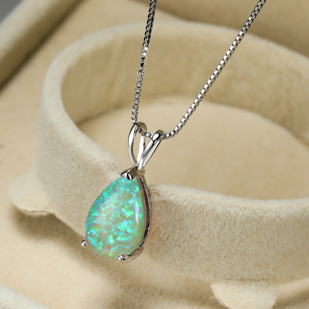 Opal-Anhänger Halskette, Tropfenform, Silberkette, schillernder Edelstein, Schmuck Damen.