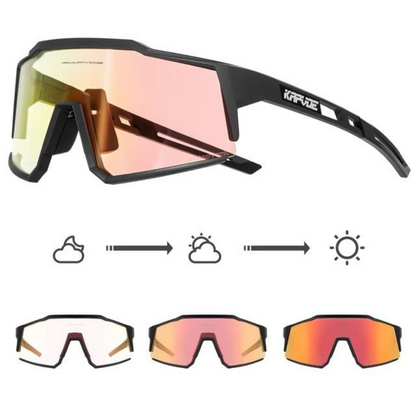 Schwarze Sportsonnenbrille mit austauschbaren Gläsern, ideal für Radfahren und Outdoor-Aktivitäten.