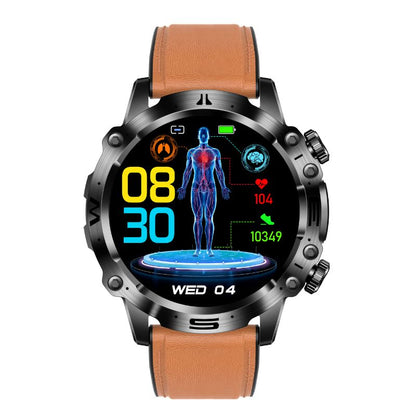 Smartwatch mit braunem Lederarmband, digitalem Display, Gesundheits- und Fitnessfunktionen.