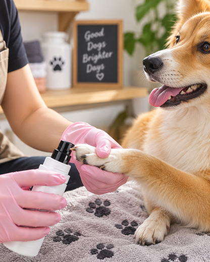 Person med rosa handskar filar klorna på en glad hund som ligger på en handduk med tassavtryck 8