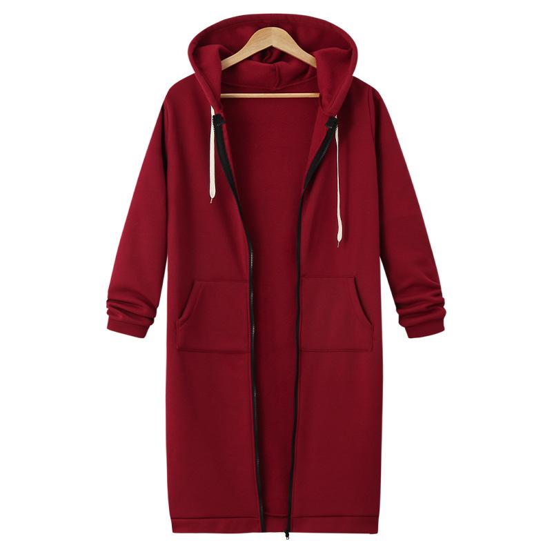 Roter Kapuzenmantel aus Baumwolle mit Reißverschluss und Taschen, lässige Damenmode.