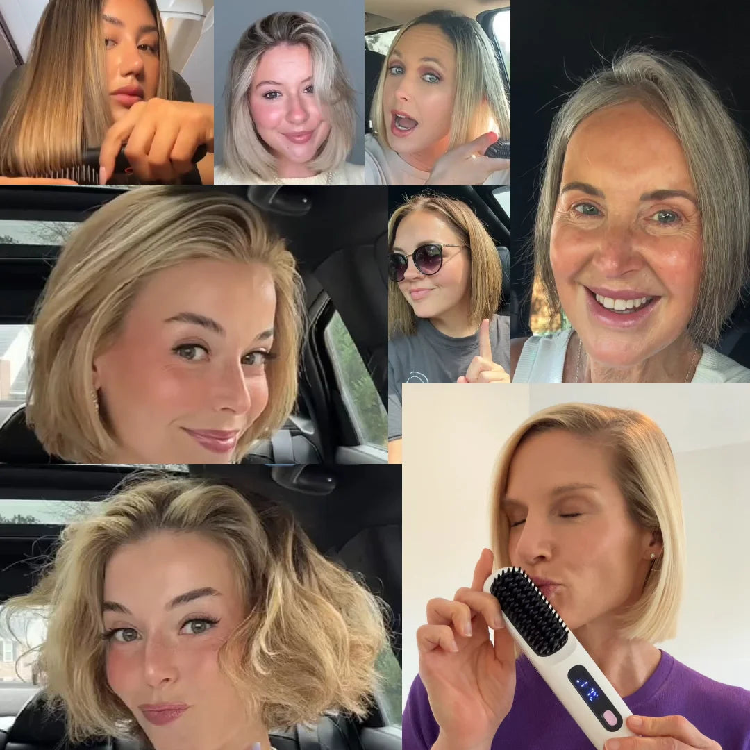 Collage med flera kvinnor med kort, rakt hår i bobfrisyr efter användning av borsten, bland annat i bil och en som håller en vit borste. 3