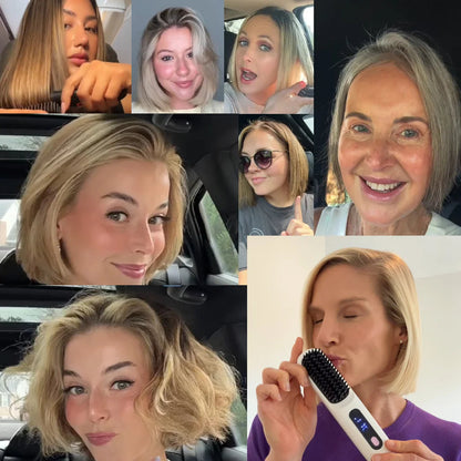 Collage med flera kvinnor med kort, rakt hår i bobfrisyr efter användning av borsten, bland annat i bil och en som håller en vit borste. 3