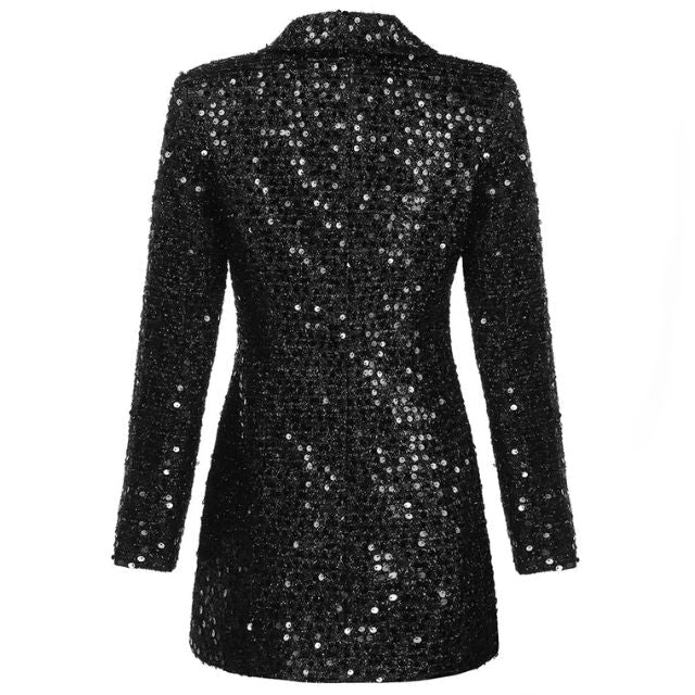 Schwarzer Pailletten-Blazer, langärmelig, elegant, festlich, Damenmode, Rückansicht.