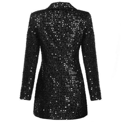 Schwarzer Pailletten-Blazer, langärmelig, elegant, festlich, Damenmode, Rückansicht.