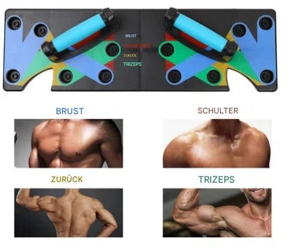 Multifunktionales Push-up-Board, schwarz, mit farbcodierten Griffen für Brust, Schultern, Rücken, Trizeps.
