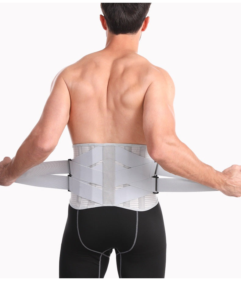 Mann mit grauem Rückenstützgürtel, verstellbar, für Lendenwirbelsäule, Fitness, Gesundheit.