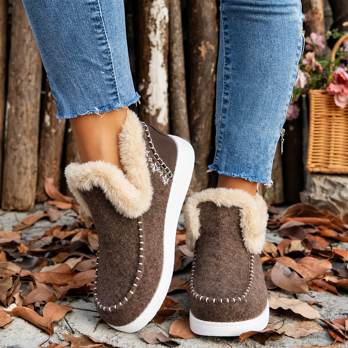 Bruna slip-in-skor med mjukt plyschfoder och broderat snöflingemönster, sedda snett bakifrån på en modell bland höstlöv. 2