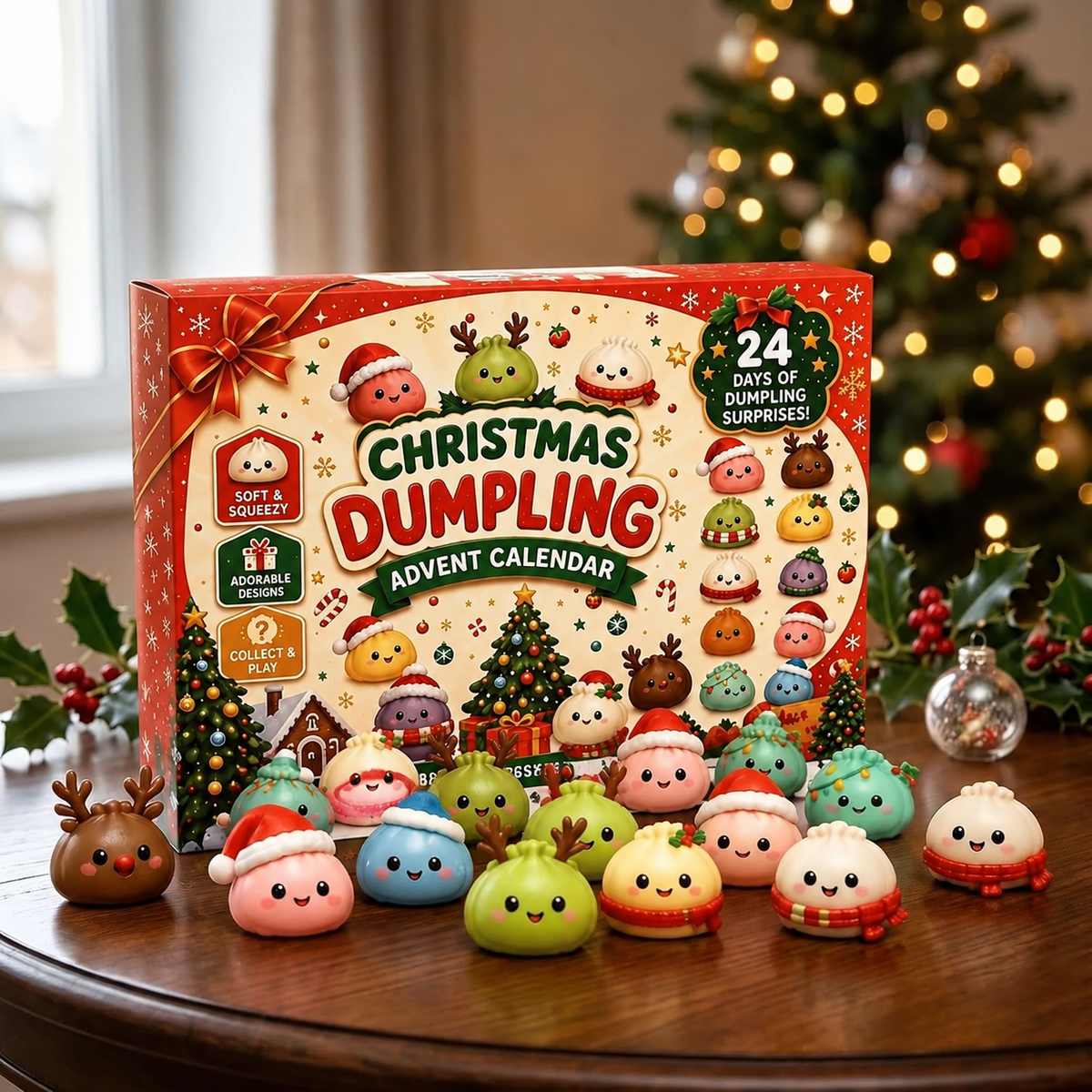 Röd julkartong med små mjuka dumplingfigurer uppställda framför sig på ett träbord vid en julgran 1