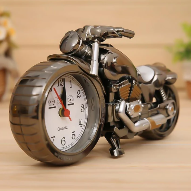 Motorrad-Wecker aus Metall, silberfarben, mit Quarz-Uhrwerk, dekorativ, modernes Design.