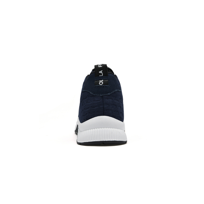 Dunkelblauer Sneaker aus Stoff, Rückansicht, sportlich, bequem, modisch, Herren-Freizeitschuh.