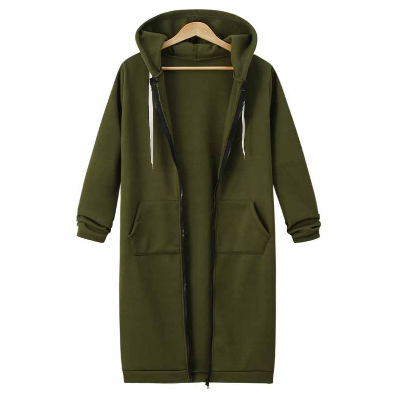 Grüner langer Kapuzenmantel mit Reißverschluss und Taschen, Unisex, Baumwolle, lässig.