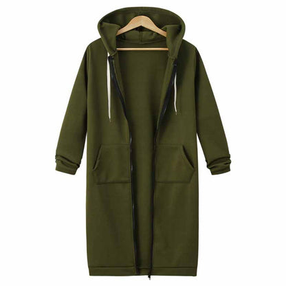 Grüner langer Kapuzenmantel mit Reißverschluss und Taschen, Unisex, Baumwolle, lässig.