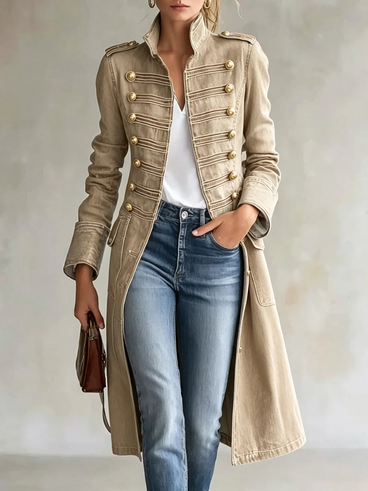 Beige variant av kappan med guldknappar och galonband, buren öppen över vit topp och jeans. 8