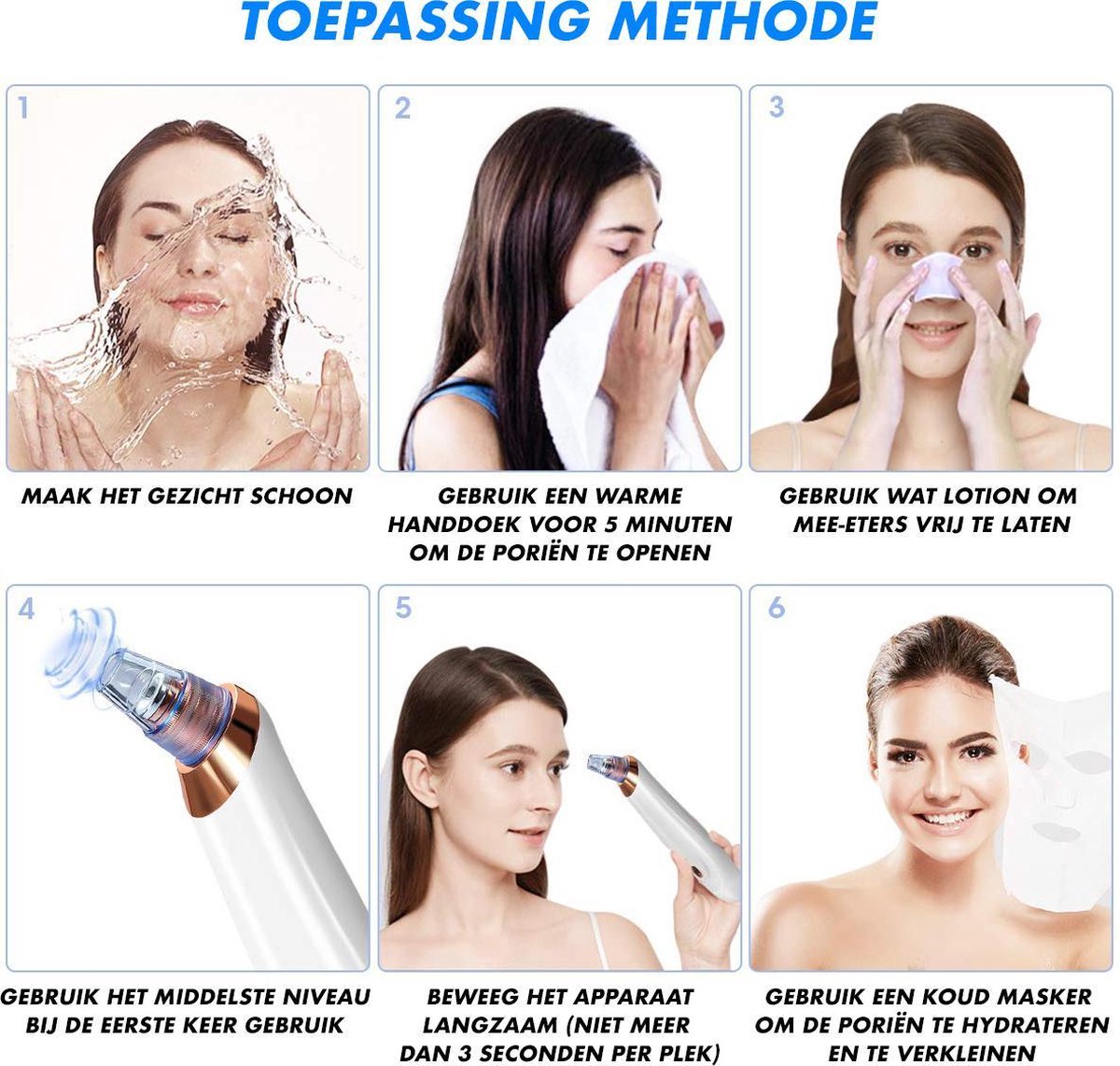 Gesichtspflege-Anleitung: Porenreinigung mit Vakuumgerät, Handtuch, Lotion und Maske.