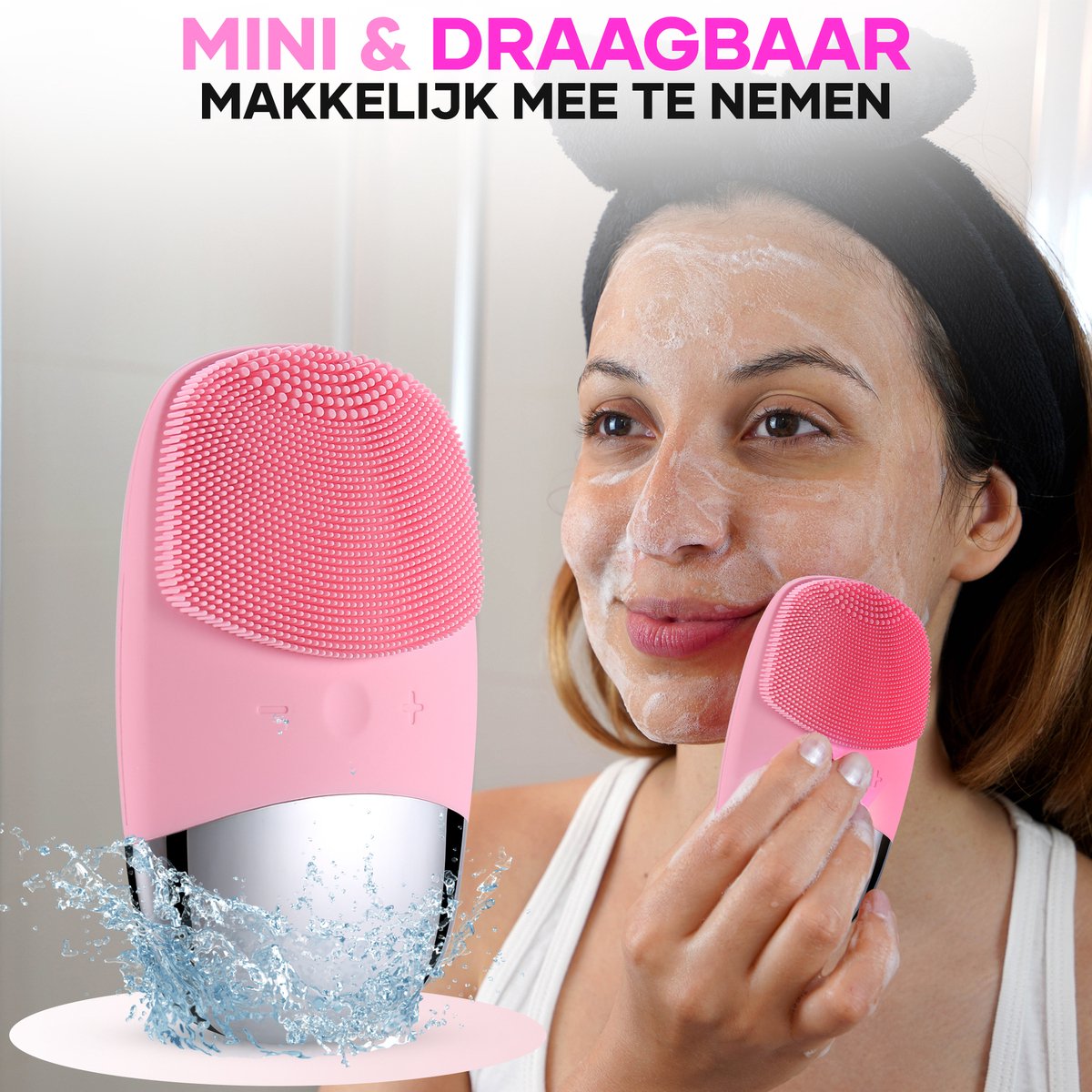 Frau verwendet rosa Gesichtsbürste, Silikon, tragbar, Hautpflege, Reinigung, wasserdicht.