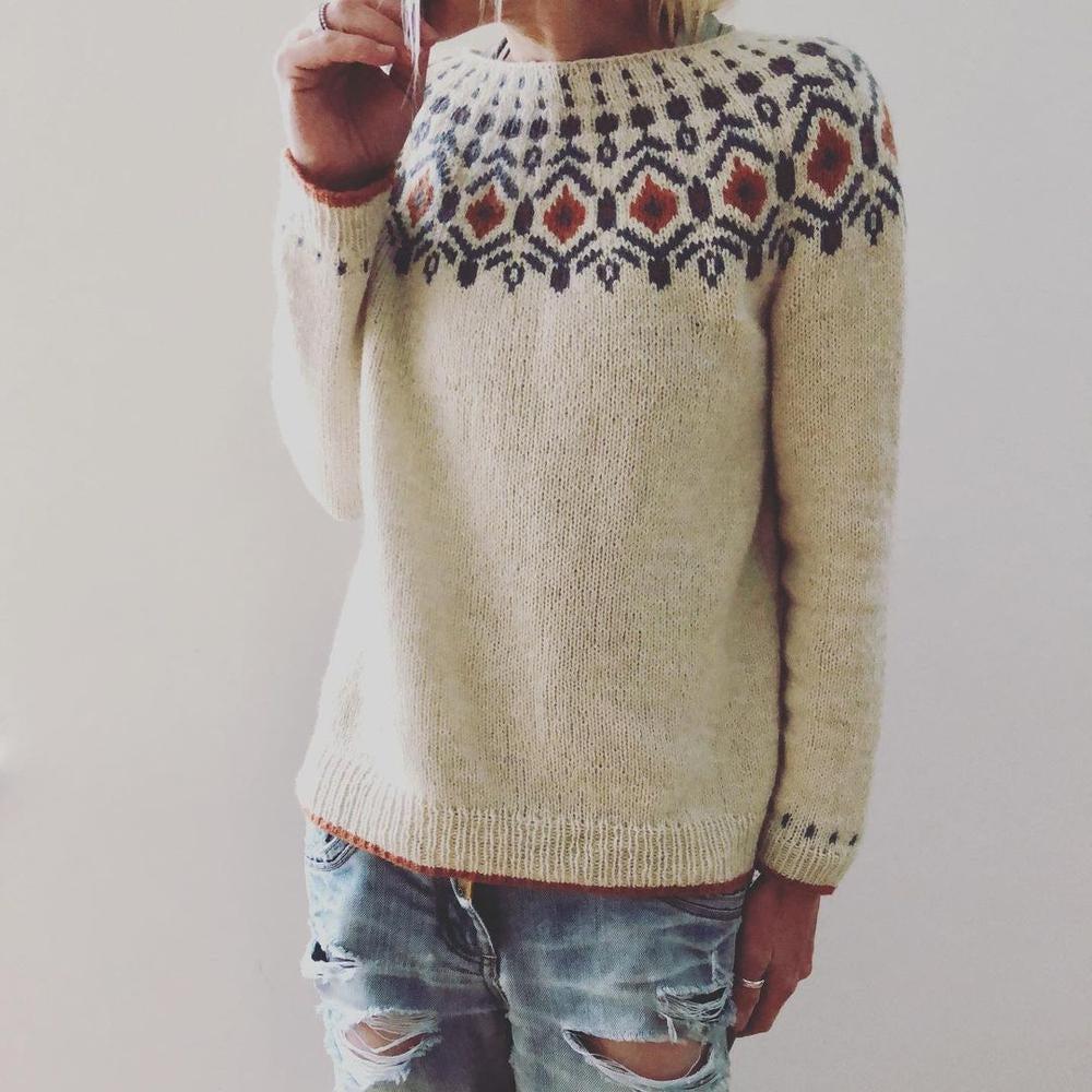 Beiger Strickpullover mit Norwegermuster, Damenmode, Winterkleidung, lässiger Stil.
