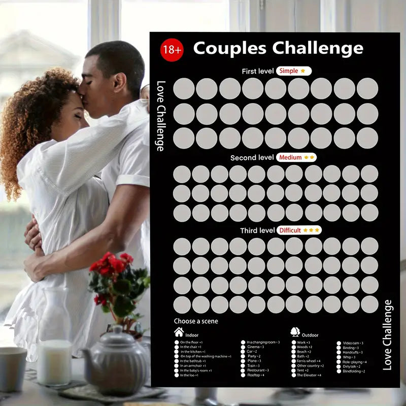 Paar-Challenge-Poster, 18+, schwarz, drei Schwierigkeitsstufen, romantische Aufgaben, Spielideen.