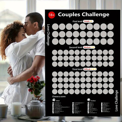 Paar-Challenge-Poster, 18+, schwarz, drei Schwierigkeitsstufen, romantische Aufgaben, Spielideen.