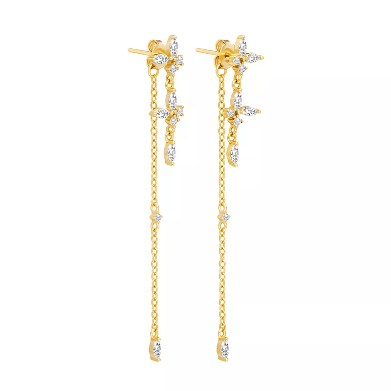Goldene Ohrringe mit langen Ketten und funkelnden Kristallen, eleganter Schmuck für Damen.