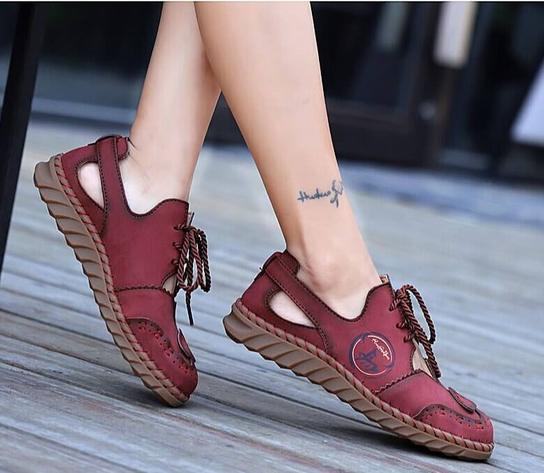 Damen-Sommerschuhe, rot, Leder, atmungsaktiv, lässig, rutschfest, mit Schnürung.