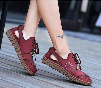 Damen-Sommerschuhe, rot, Leder, atmungsaktiv, lässig, rutschfest, mit Schnürung.