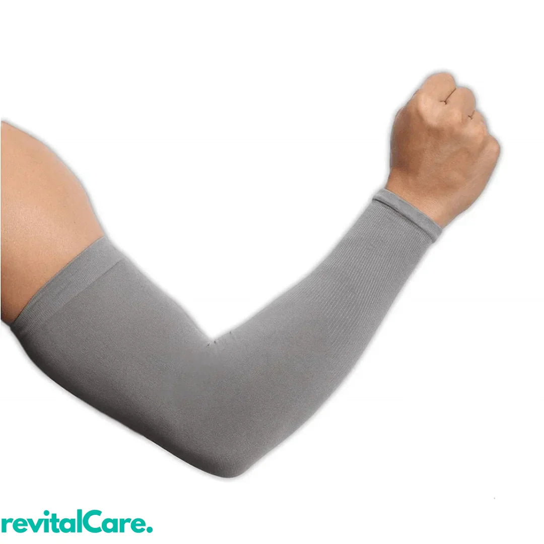 Grauer Kompressionsarmärmel für Sport, elastisch, atmungsaktiv, Unisex, RevitalCare.