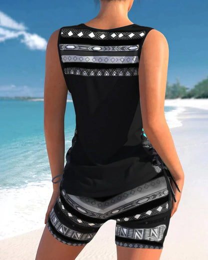Trendig badmode med V-ringning och geometriskt mönster – Tankini-set Madonna