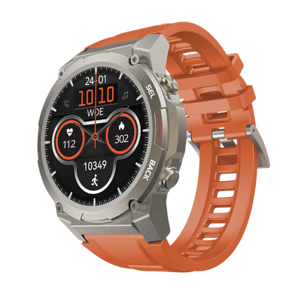 Orange Smartwatch mit rundem Display, Fitness-Tracker, Herzfrequenzmesser, Edelstahlgehäuse.