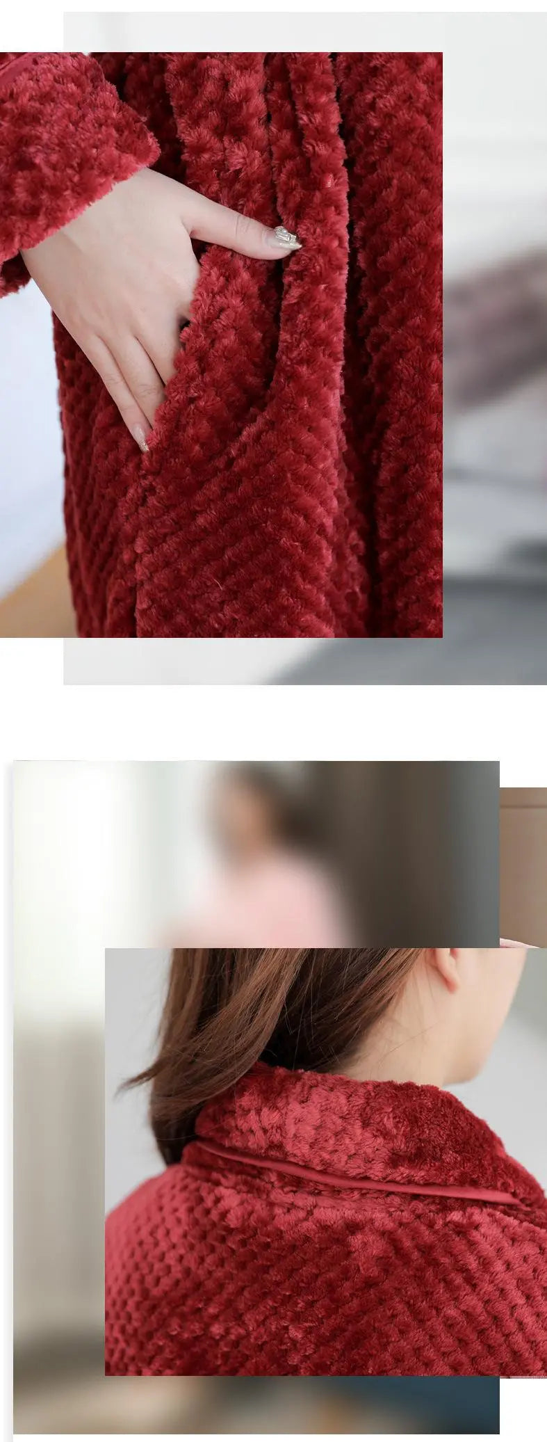 Roter Damen-Bademantel aus Fleece mit Taschen, weiches Material, gemütlich und warm.