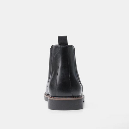 Schwarzer Lederstiefel, Chelsea-Stil, rutschfeste Sohle, Herrenmode, Rückansicht.