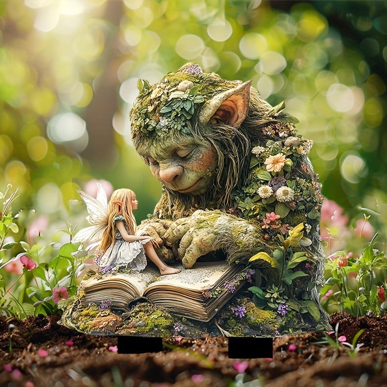 Läsande trollfigur med älva på boken, ställd i jord med rosa blommor och ljusa, suddiga lövpartier bakom. 10