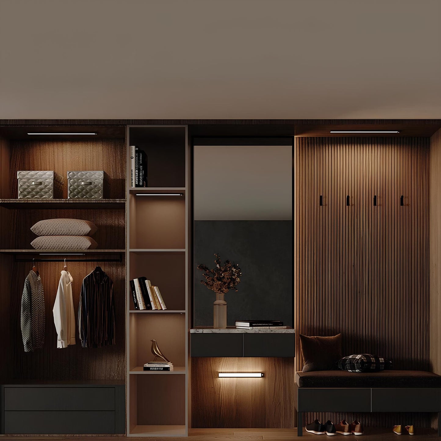 Moderne Garderobe mit Holzregalen, Kleiderhaken, Spiegel und Beleuchtung, stilvolles Interieur.