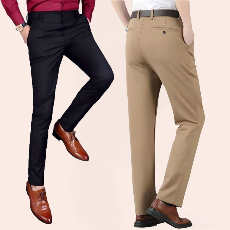 Zwei Herrenanzüge, schwarze und beige Hose, Business-Stil, elegante Lederschuhe.