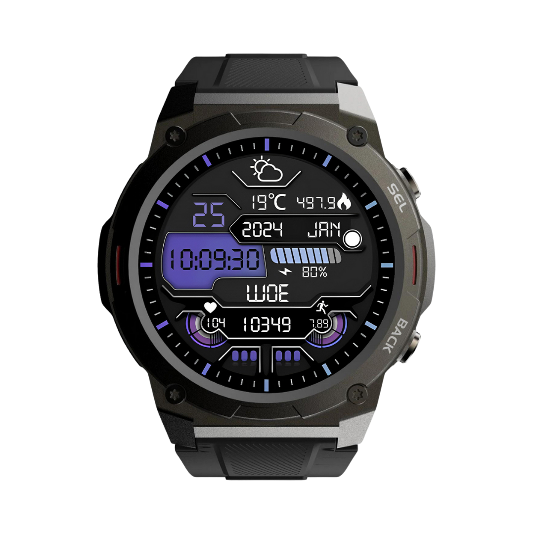 Schwarze digitale Smartwatch mit Wetteranzeige, Fitness-Tracker und Datumsanzeige.