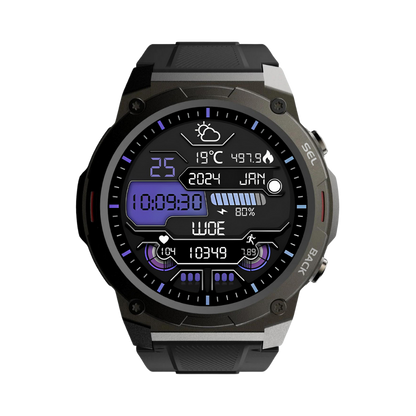 Schwarze digitale Smartwatch mit Wetteranzeige, Fitness-Tracker und Datumsanzeige.