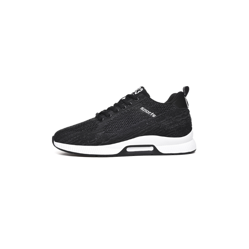 Schwarzer Sportschuh, atmungsaktives Mesh, weiße Sohle, Herren Sneaker, seitliche Ansicht.