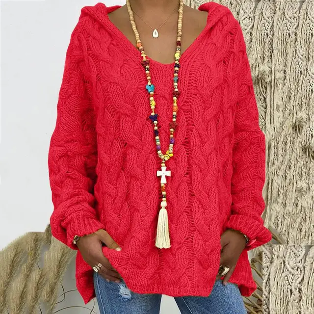 Roter Strickpullover Damen, Zopfmuster, Kapuze, lässig, Herbstmode, Baumwolle, bequem.
