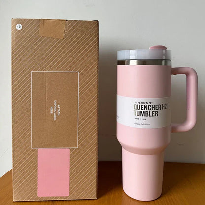 Rosa Thermobecher mit Griff, 1,4L, Edelstahl, doppelwandig, ideal für heiße und kalte Getränke.