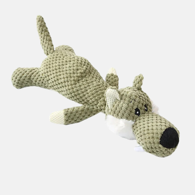 Grünes Plüsch-Wolfspielzeug, weich, für Kinder, aus Stoff, liegend, mit weißen Details.