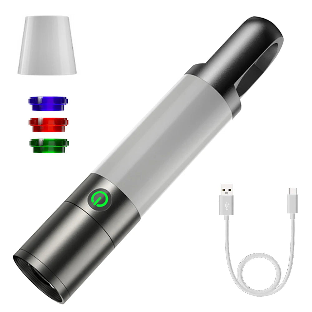 Tragbare LED-Taschenlampe, wiederaufladbar, USB-Kabel, verschiedene Lichtfilter, schwarz-silber.