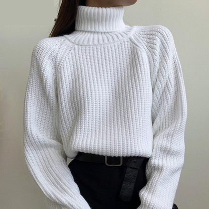 Weißer Rollkragenpullover Damen, Strick, Wintermode, warm, elegant, modisch, bequem.