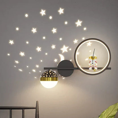 Wandleuchte mit Sternenprojektion, Mond, Astronaut, LED, modern, Kinderzimmer, Wanddekoration