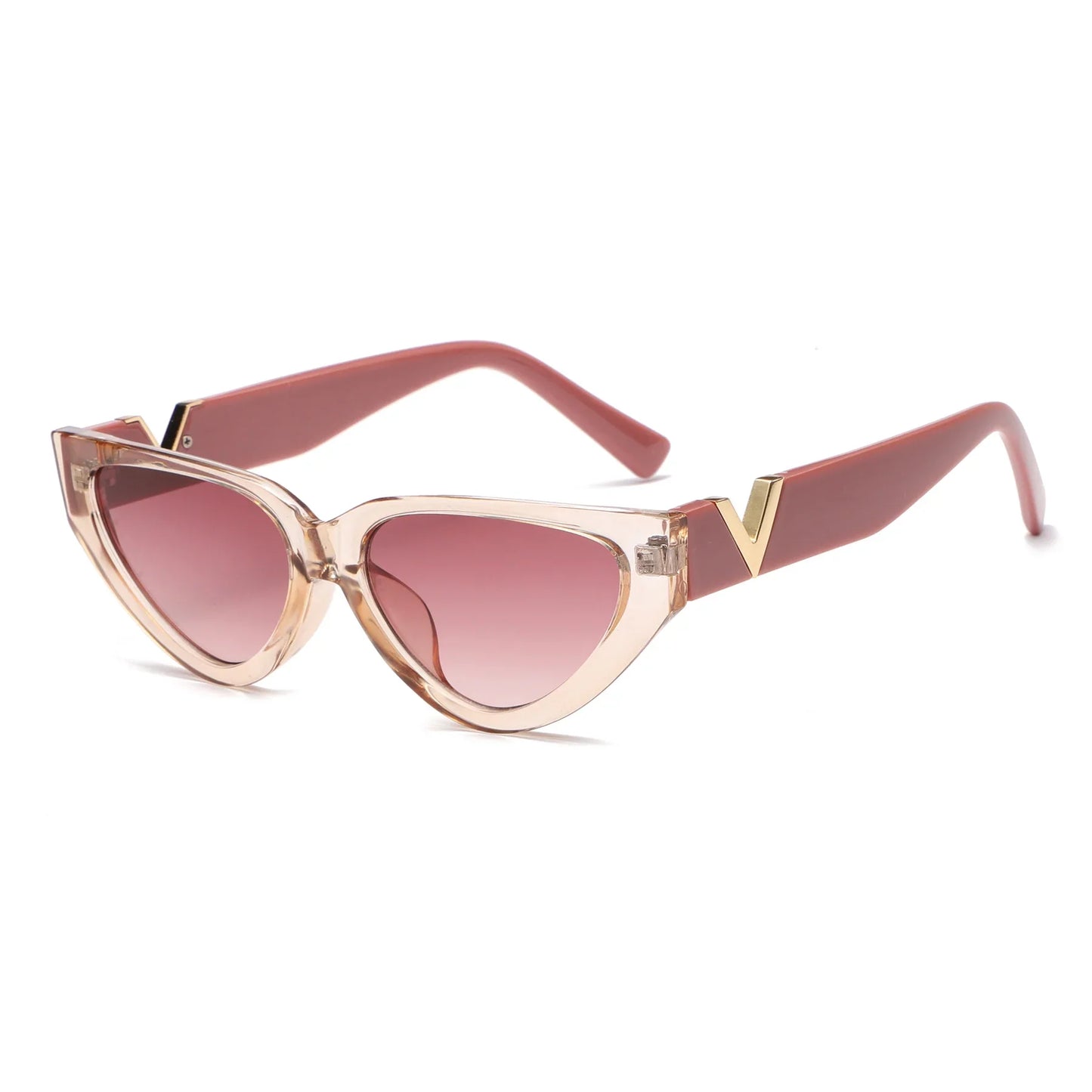 Katzenaugen-Sonnenbrille, rosa Gläser, transparentes Gestell, modisches Accessoire.