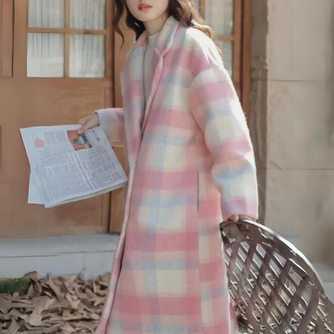 Frau im rosa karierten Mantel mit Zeitung, Herbstmode, draußen, vor Holztür.