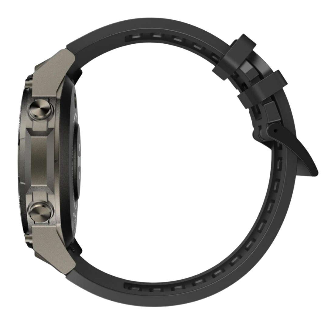 Schwarze Smartwatch mit robustem Gehäuse, seitliche Knöpfe, sportliches Design, Armband aus Silikon.