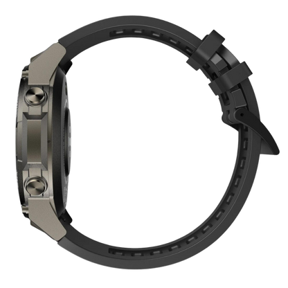 Schwarze Smartwatch mit robustem Gehäuse, seitliche Knöpfe, sportliches Design, Armband aus Silikon.